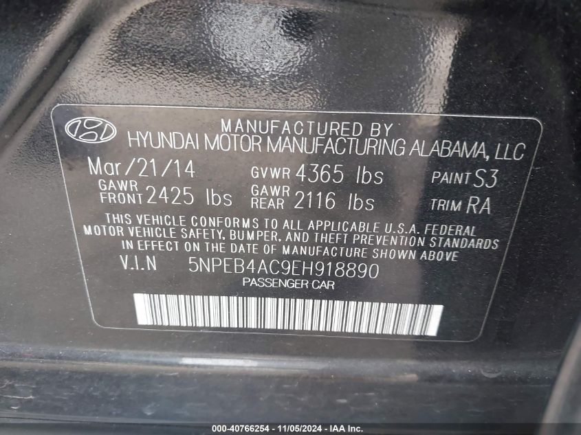 2014 Hyundai Sonata Gls VIN: 5NPEB4AC9EH918890 Lot: 40766254