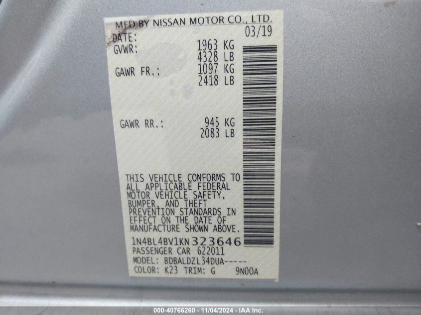 2019 NISSAN ALTIMA VIN: 1N4BL4BV1KN323646
