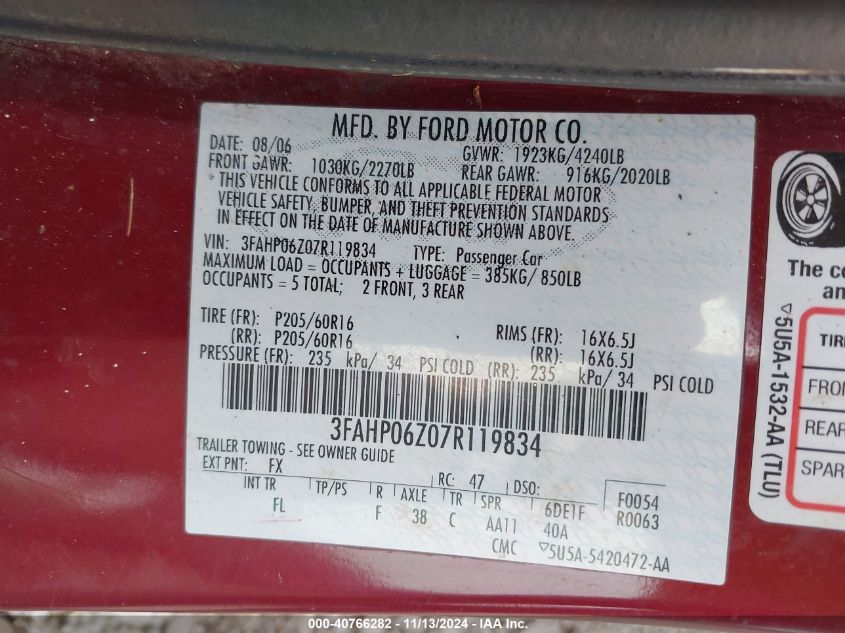 2007 Ford Fusion S VIN: 3FAHP06Z07R119834 Lot: 40766282