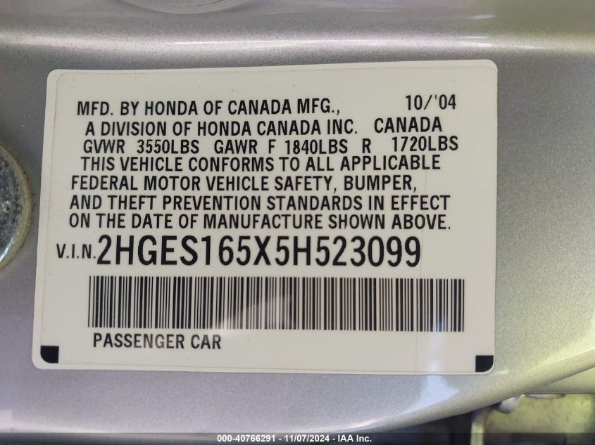 2005 Honda Civic Lx VIN: 2HGES165X5H523099 Lot: 40766291