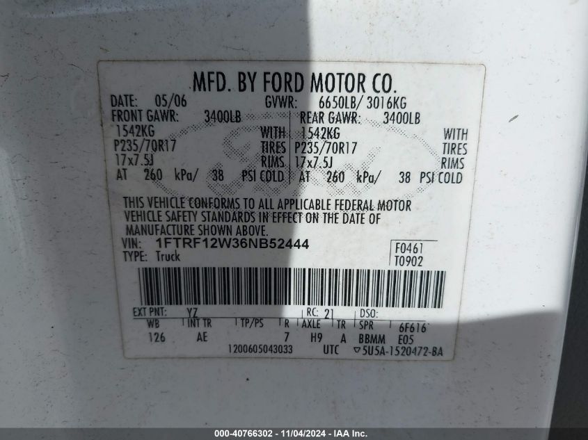 2006 Ford F-150 Stx/Xl/Xlt VIN: 1FTRF12W36NB52444 Lot: 40766302