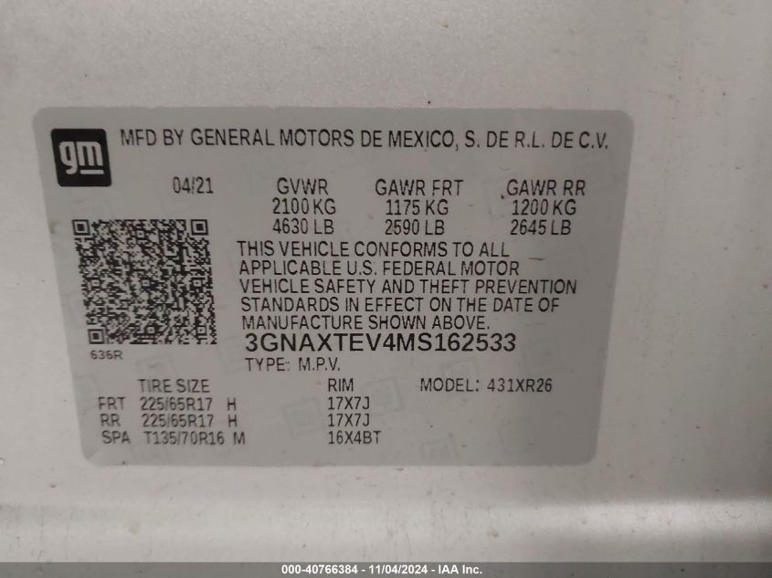 2021 CHEVROLET EQUINOX AWD 2FL - 3GNAXTEV4MS162533