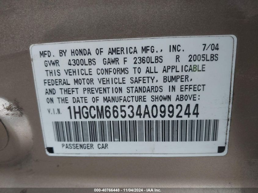 2004 Honda Accord 3.0 Ex VIN: 1HGCM66534A099244 Lot: 40766448