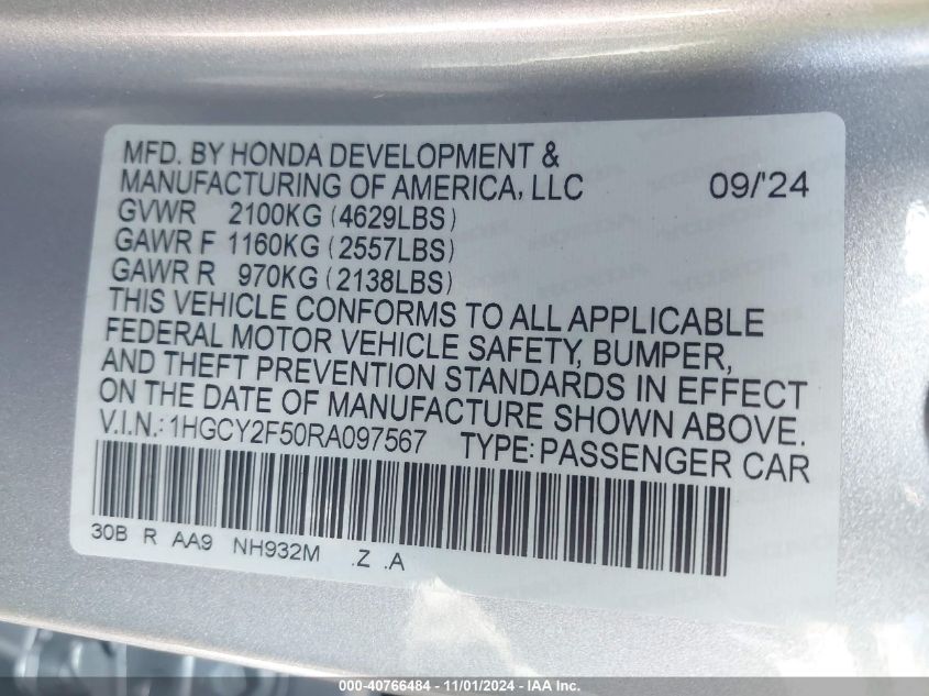 2024 Honda Accord Hybrid Sport VIN: 1HGCY2F50RA097567 Lot: 40766484