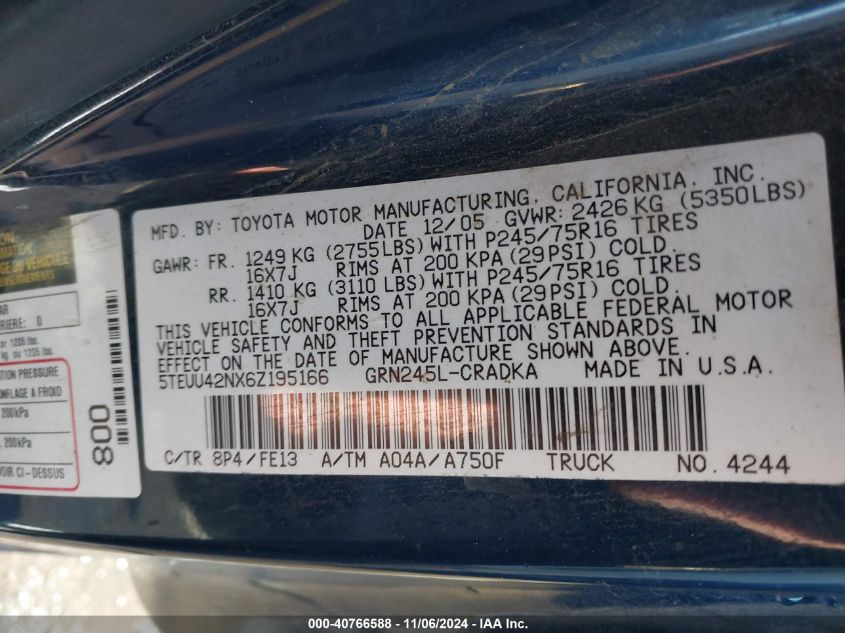 2006 Toyota Tacoma Base V6 VIN: 5TEUU42NX6Z195166 Lot: 40766588