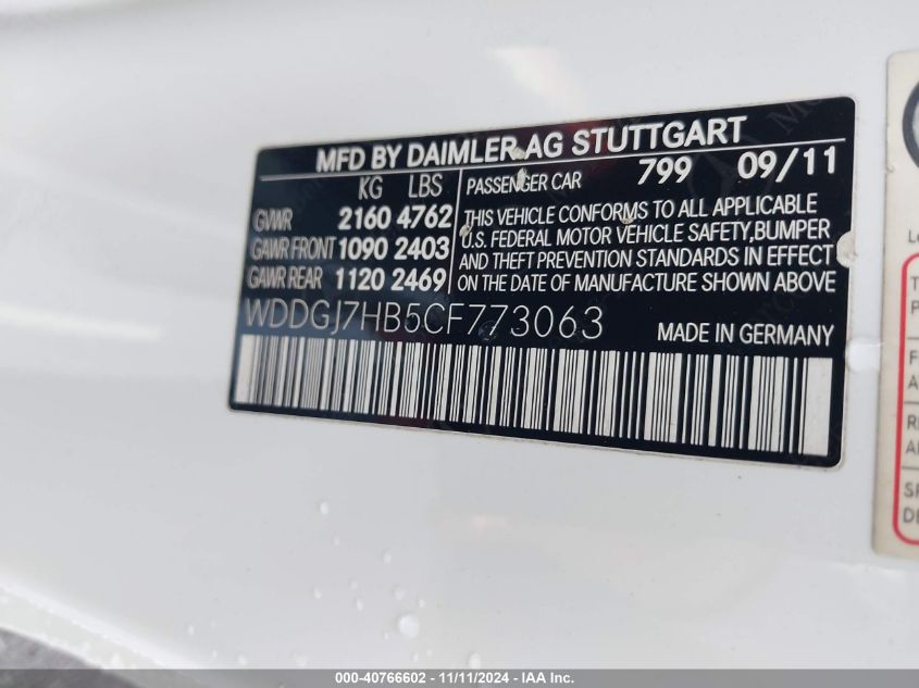 2012 Mercedes-Benz C 63 Amg VIN: WDDGJ7HB5CF773063 Lot: 40766602