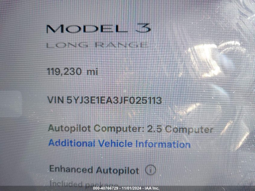 2018 Tesla Model 3 Long Range/Mid Range VIN: 5YJ3E1EA3JF025113 Lot: 40766729