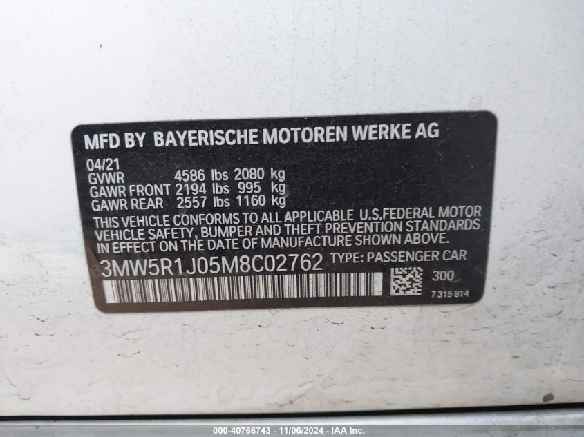 2021 BMW 330I VIN: 3MW5R1J05M8C02762 Lot: 40766743