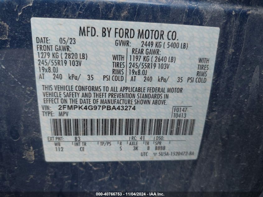 2023 Ford Edge Se VIN: 2FMPK4G97PBA43274 Lot: 40766753