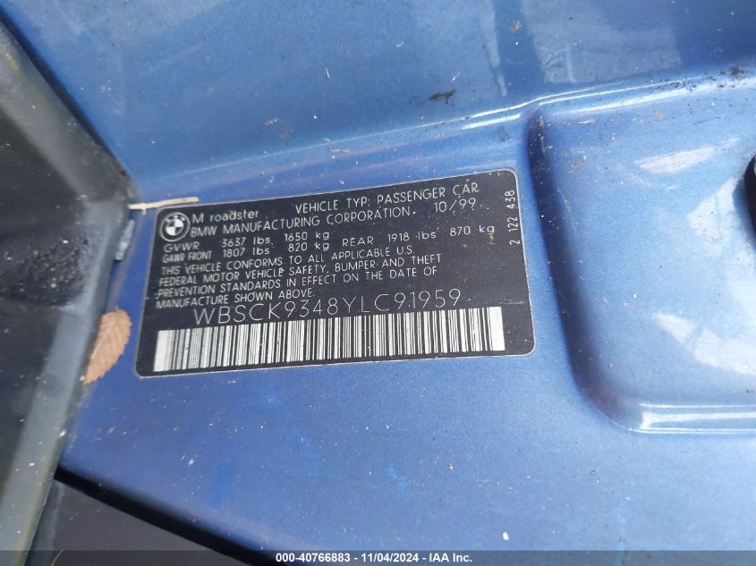 2000 BMW M VIN: WBSCK9348YLC91959 Lot: 40766883