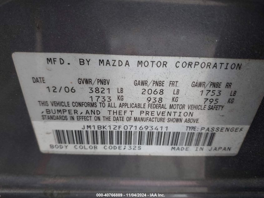 2007 Mazda Mazda3 I Sport VIN: JM1BK12F071693411 Lot: 40766889