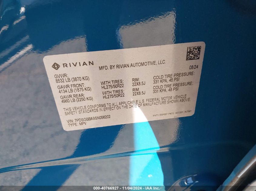 2025 Rivian R1S Adventure Dual Motor Large Pack/Adventure Dual Motor Max Pack VIN: 7PDSGBBA9SN056202 Lot: 40766927