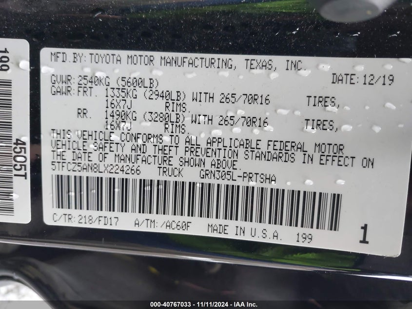 2020 TOYOTA TACOMA VIN: 5TFCZ5AN8LX224266