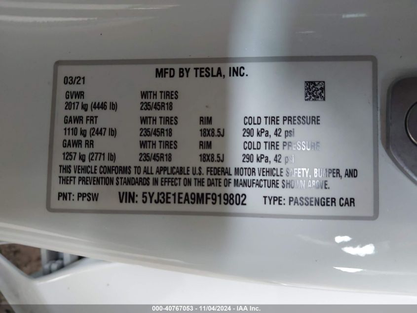 2021 Tesla Model 3 Standard Range Plus Rear-Wheel Drive VIN: 5YJ3E1EA9MF919802 Lot: 40767053