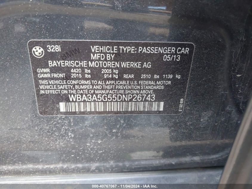 VIN WBA3A5G55DNP26743 2013 BMW 328I no.9