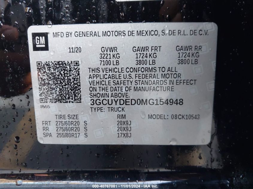 VIN 3GCUYDED0MG154948 2021 CHEVROLET SILVERADO 1500 no.9