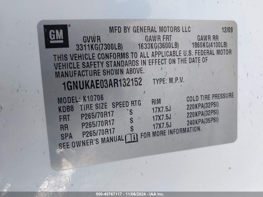 2010 Chevrolet Tahoe Ls VIN: 1GNUKAE03AR132152 Lot: 40767117