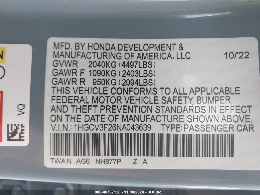 2022 Honda Accord Hybrid Sport VIN: 1HGCV3F26NA043639 Lot: 40767128