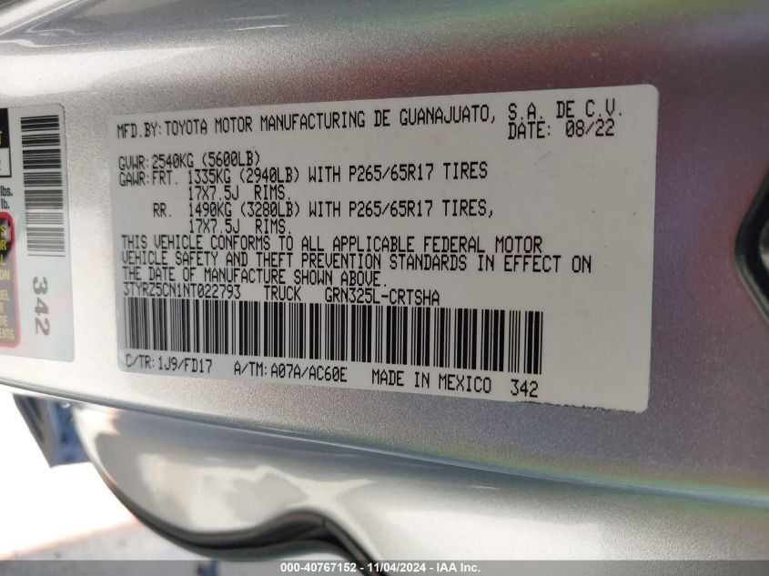 VIN 3TYRZ5CN1NT022793 2022 TOYOTA TACOMA no.9