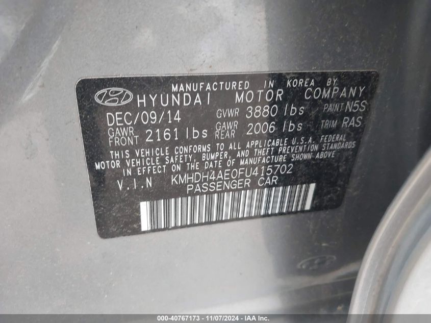 2015 Hyundai Elantra Limited (Ulsan Plant) VIN: KMHDH4AE0FU415702 Lot: 40767173