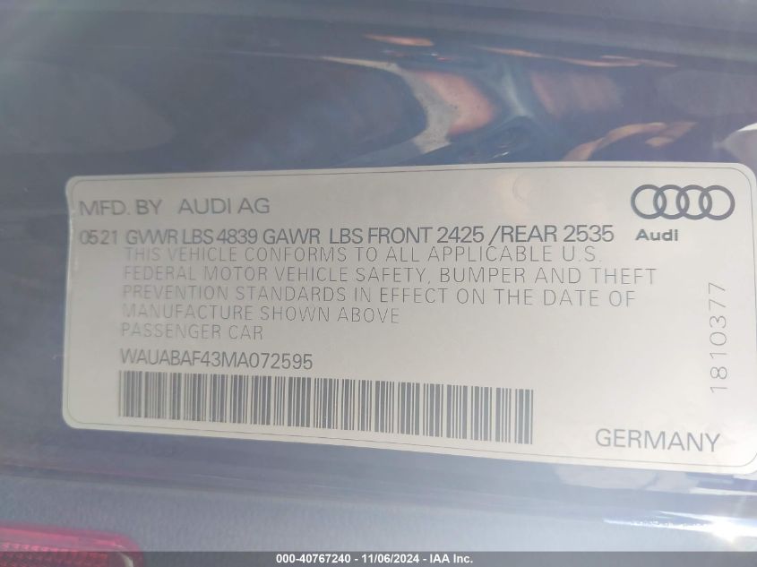 2021 AUDI A4 PREMIUM 40 TFSI QUATTRO S TRONIC - WAUABAF43MA072595