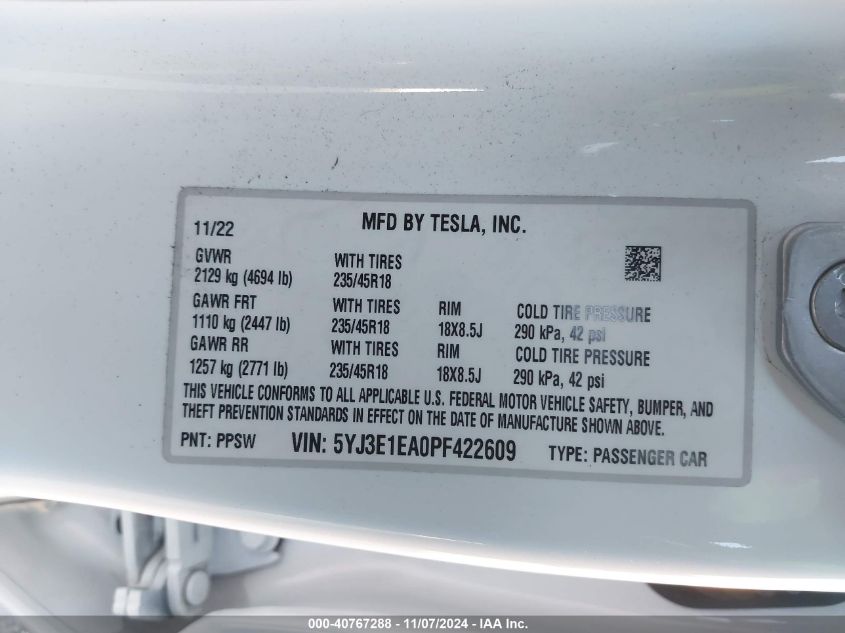 2023 TESLA MODEL 3 REAR-WHEEL DRIVE - 5YJ3E1EA0PF422609