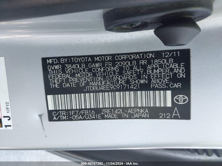 2012 Toyota Corolla Le VIN: JTDBU4EE9C9171421 Lot: 40767293