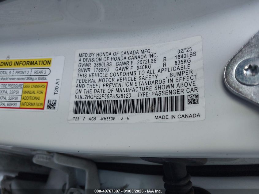 VIN 2HGFE2F55PH528120 2023 Honda Civic, Sport no.9