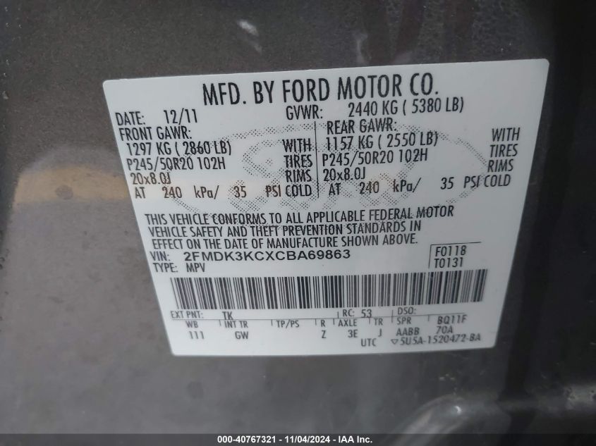 2012 Ford Edge Limited VIN: 2FMDK3KCXCBA69863 Lot: 40767321