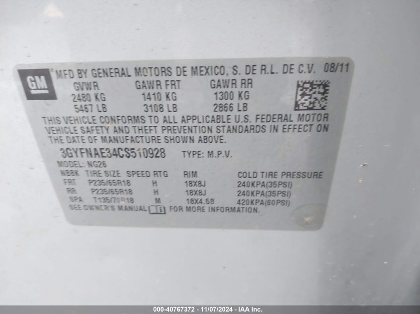 2012 CADILLAC SRX VIN: 3GYFNAE34CS510928