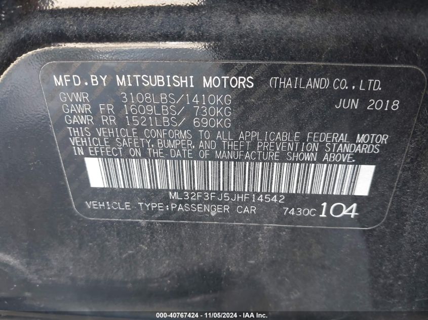 2018 Mitsubishi Mirage G4 Es VIN: ML32F3FJ5JHF14542 Lot: 40767424