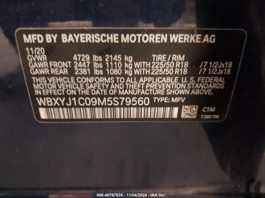 2021 BMW X2 xDrive28I VIN: WBXYJ1C09M5S79560 Lot: 40767635