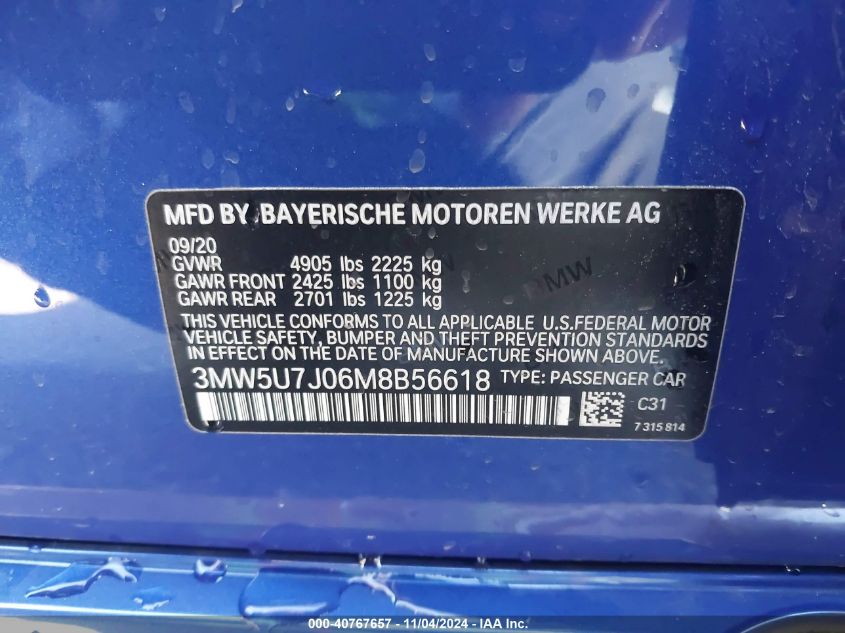 2021 BMW M340I VIN: 3MW5U7J06M8B56618 Lot: 40767657