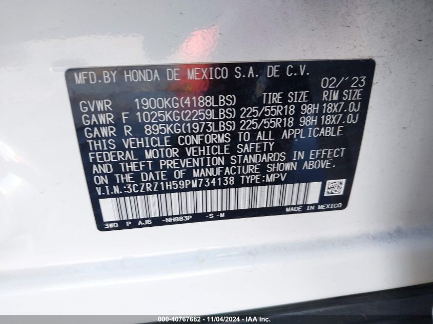 VIN 3CZRZ1H59PM734138 2023 HONDA HR-V no.9