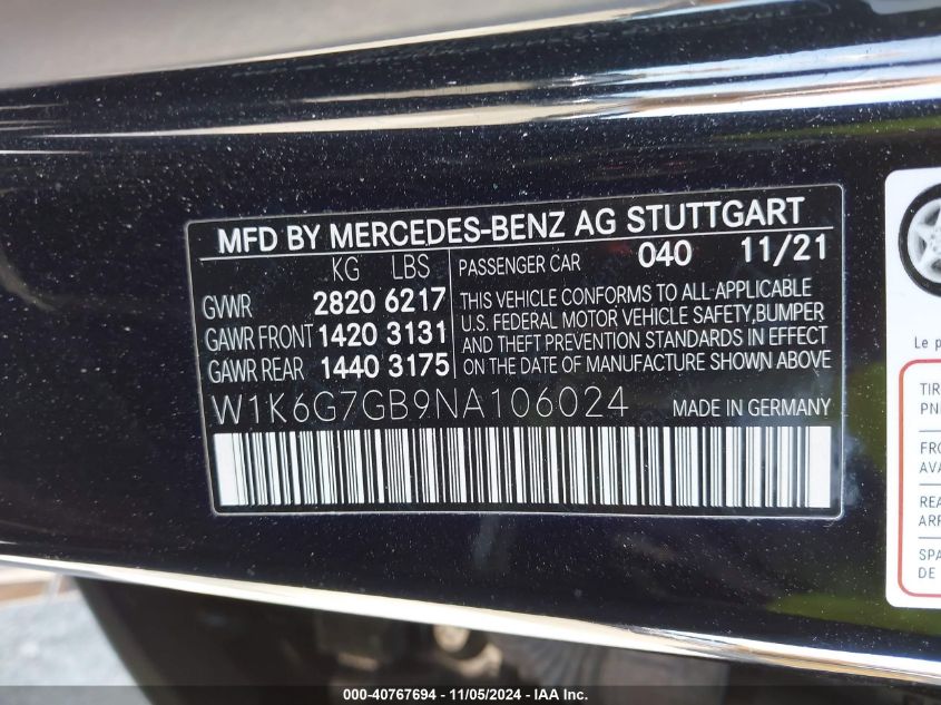 2022 Mercedes-Benz S 580 4Matic VIN: W1K6G7GB9NA106024 Lot: 40767694