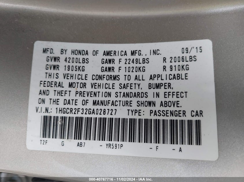 2016 HONDA ACCORD VIN: 1HGCR2F32GA028727