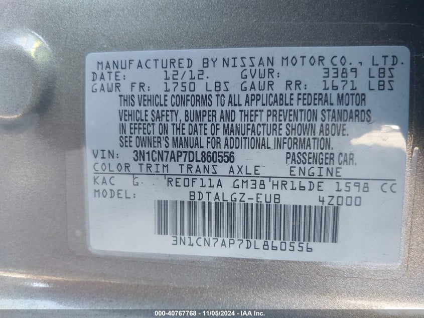 2013 NISSAN VERSA 1.6 SL - 3N1CN7AP7DL860556