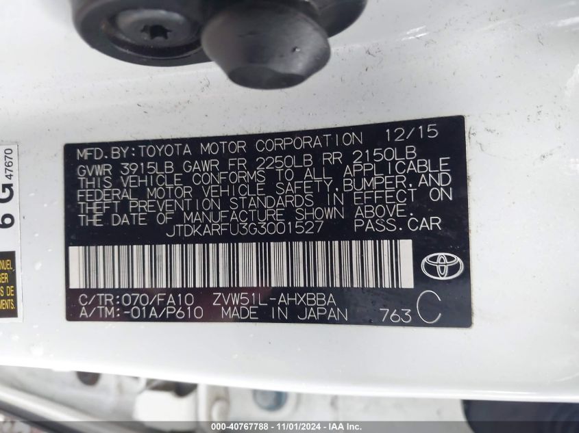 VIN JTDKARFU3G3001527 2016 Toyota Prius, Three no.9