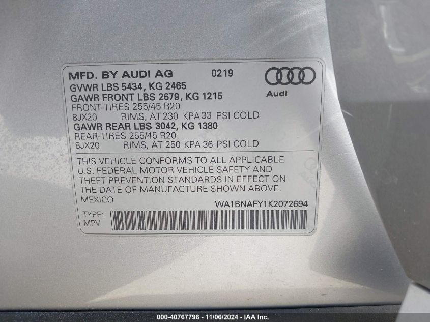 2019 Audi Q5 45 Premium VIN: WA1BNAFY1K2072694 Lot: 40767796