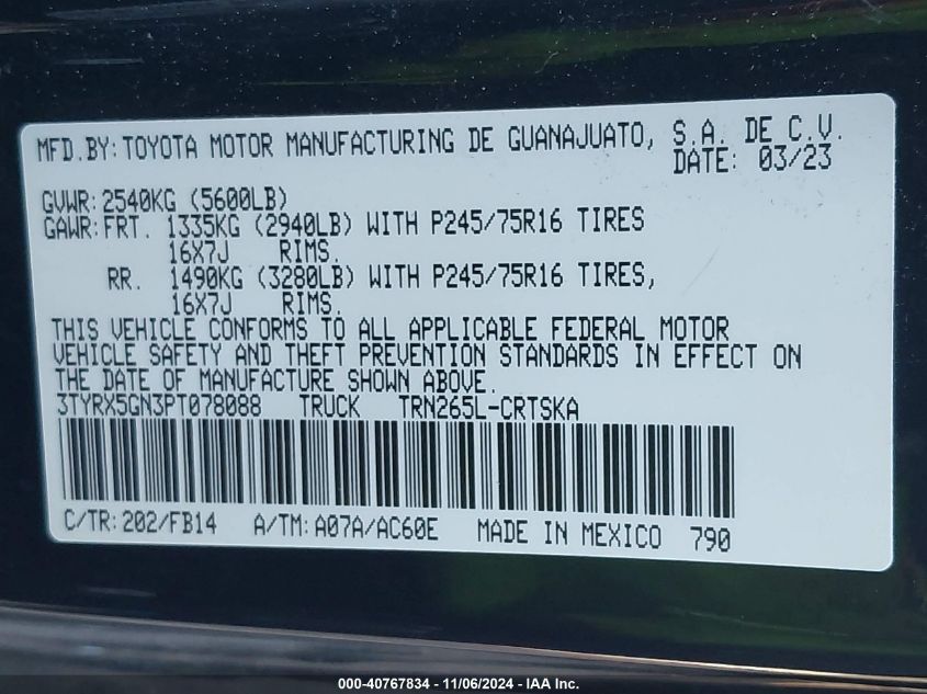 2023 Toyota Tacoma Sr VIN: 3TYRX5GN3PT078088 Lot: 40767834