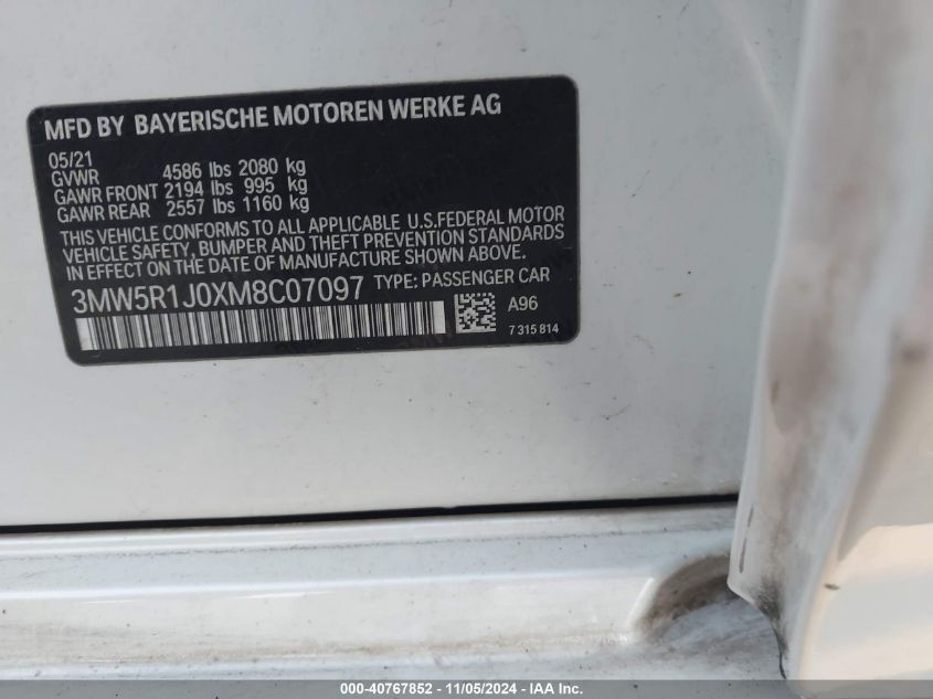 VIN 3MW5R1J0XM8C07097 2021 BMW 330I