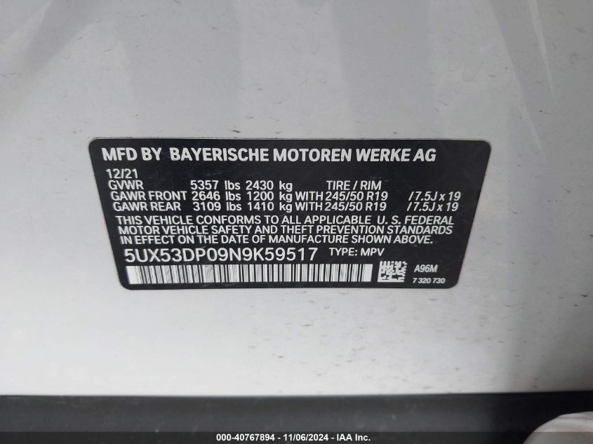 2022 BMW X3 xDrive30I VIN: 5UX53DP09N9K59517 Lot: 40767894