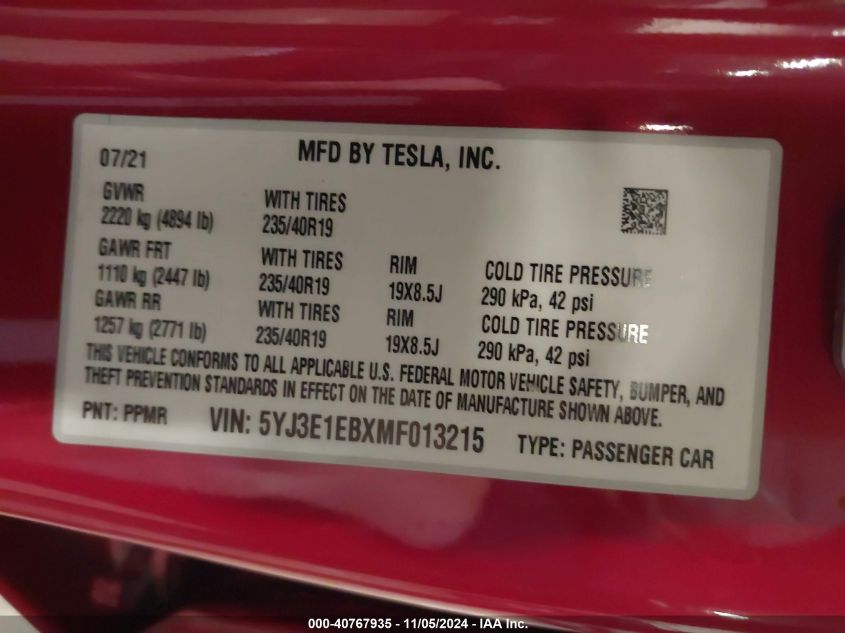 2021 Tesla Model 3 Long Range Dual Motor All-Wheel Drive VIN: 5YJ3E1EBXMF013215 Lot: 40767935