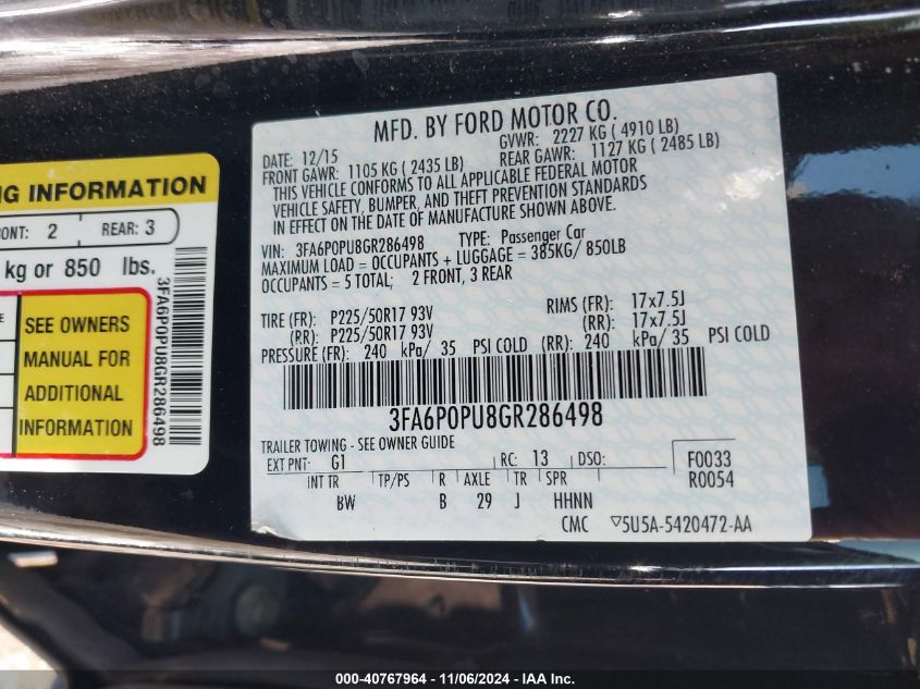 VIN 3FA6P0PU8GR286498 2016 Ford Fusion, Energi Se L... no.9