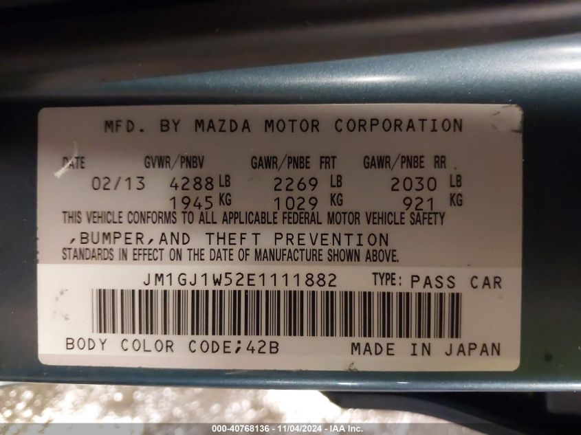 2014 Mazda Mazda6 I Grand Touring VIN: JM1GJ1W52E1111882 Lot: 40768136