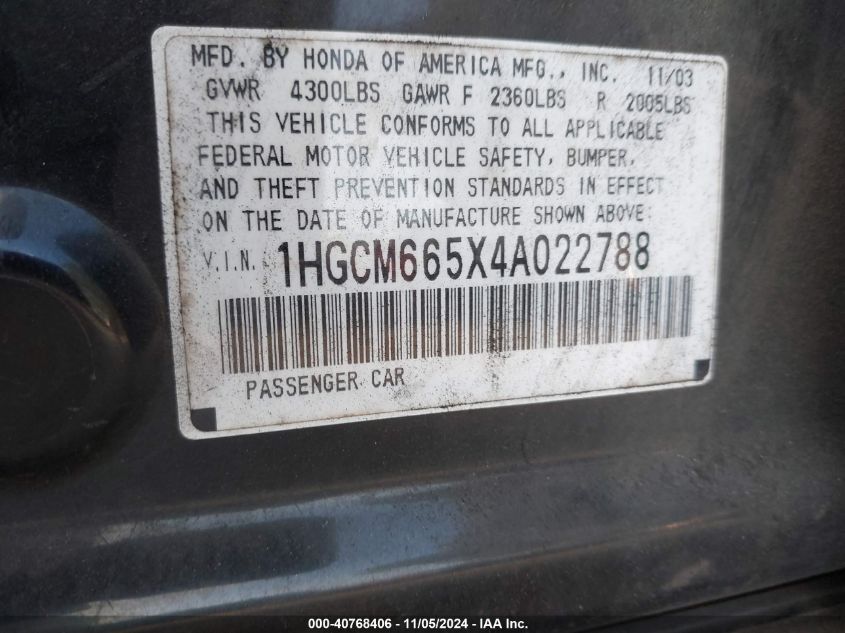 2004 Honda Accord 3.0 Ex VIN: 1HGCM665X4A022788 Lot: 40768406
