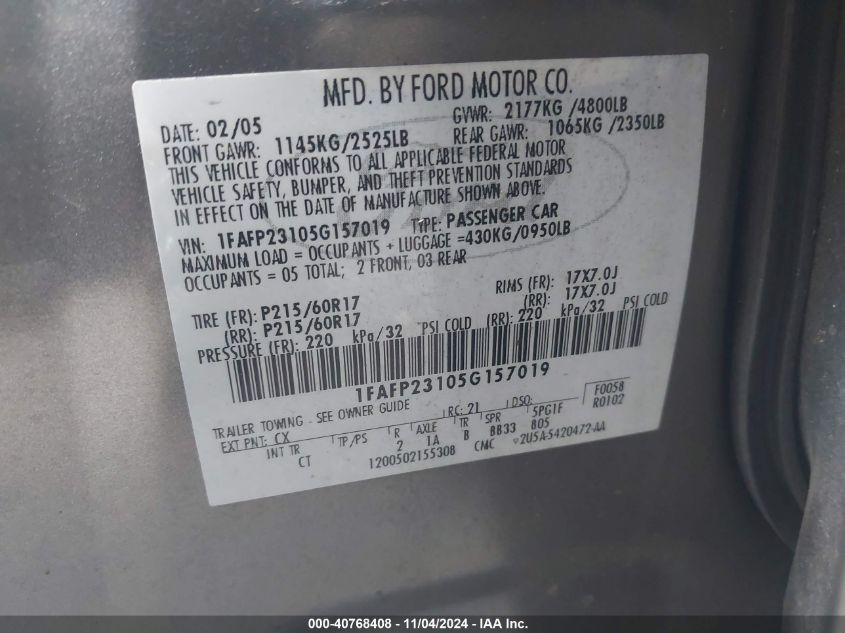 2005 Ford Five Hundred Se VIN: 1FAFP23105G157019 Lot: 40768408