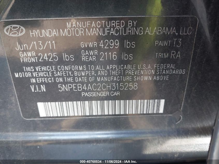 2012 Hyundai Sonata Gls VIN: 5NPEB4AC2CH315258 Lot: 40768534