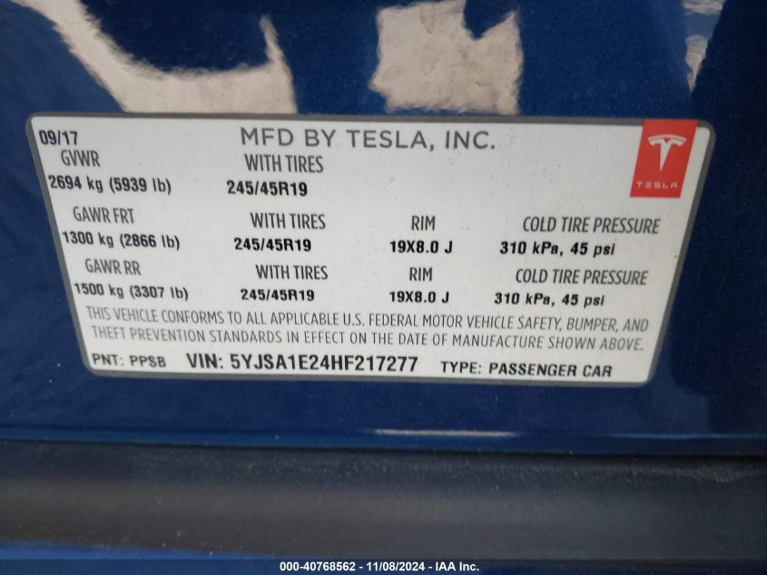 2017 Tesla Model S 100D/60D/75D/90D/P100D VIN: 5YJSA1E24HF217277 Lot: 40768562