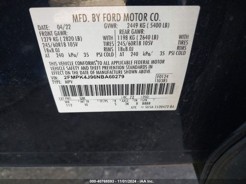 2022 Ford Edge Sel VIN: 2FMPK4J96NBA60279 Lot: 40768593